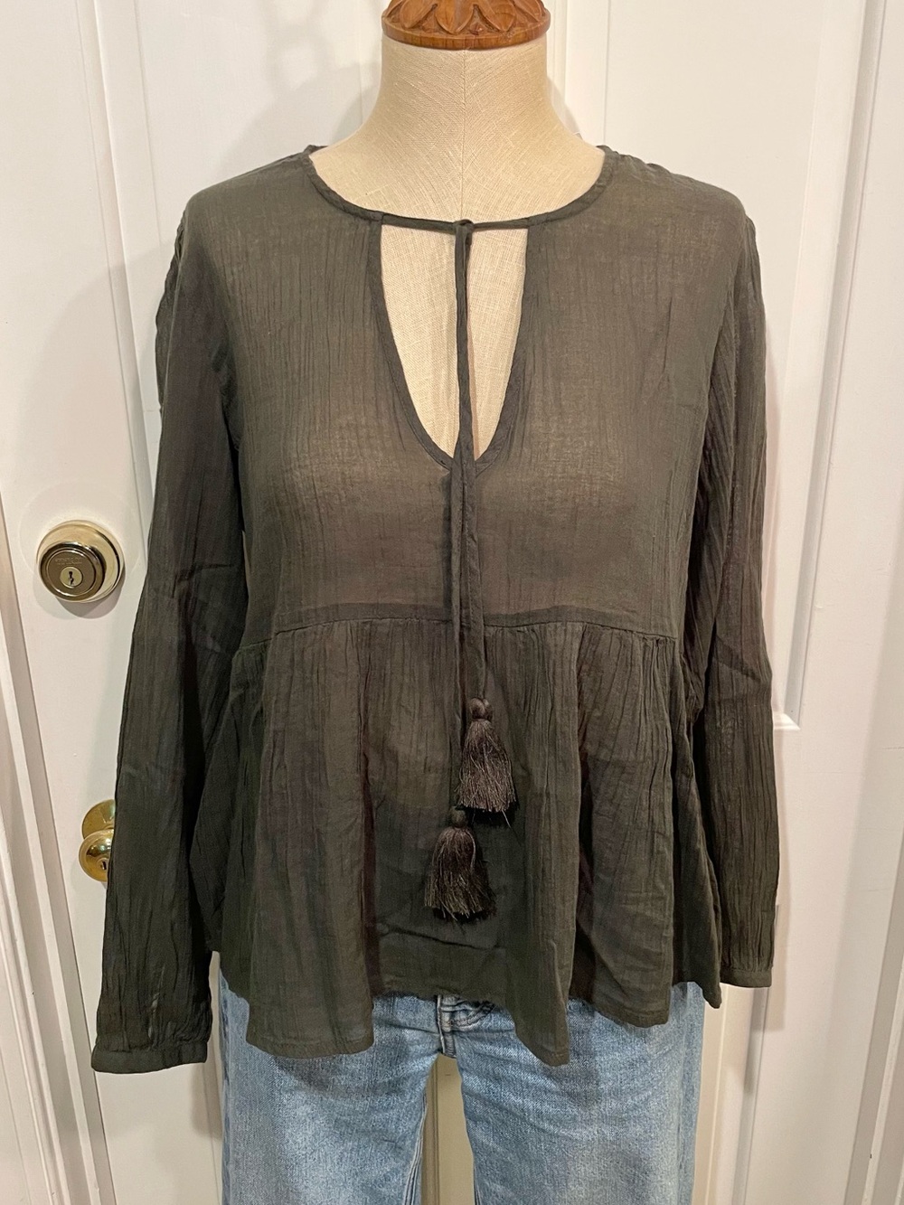 Women's Olive Peasant Blouse with Tassel Tie